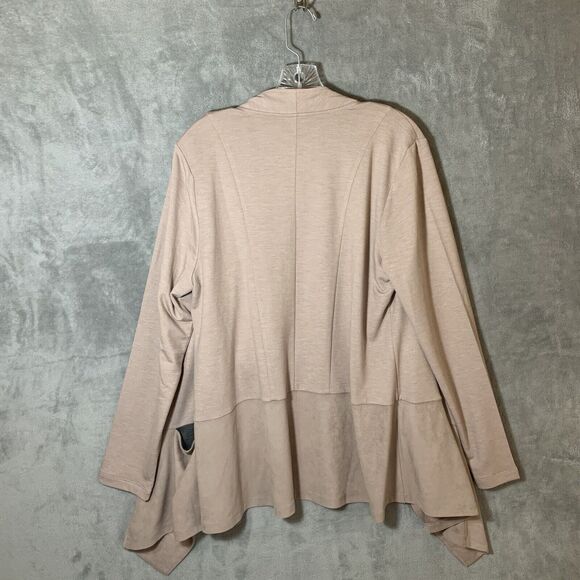 LOGO by Lori Goldstein Open Front Cardigan Large Beige Camel Suede Feel Hem - Picture 3 of 9